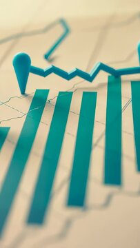 Vertical video: Panning across chart on desk in office, showing data via teal bars and markers