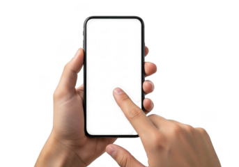 Human hands interacting with a modern smartphone screen in close up view transparent background