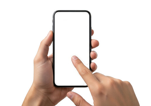 Human hands interacting with a modern smartphone screen in close up view transparent background