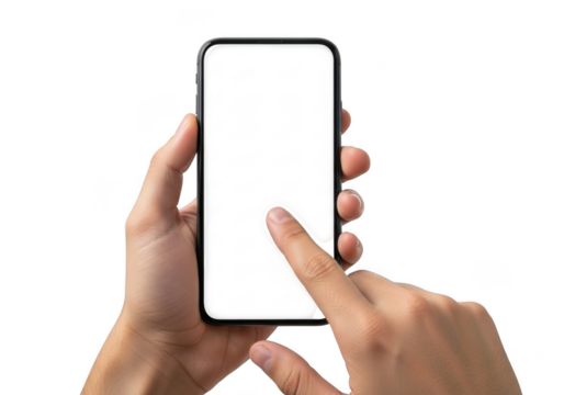 Human hands interacting with a modern smartphone screen in close up view transparent background