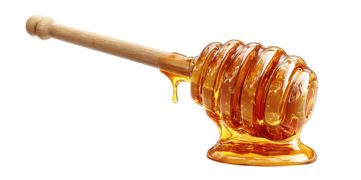 Golden honey dripping from a wooden dipper