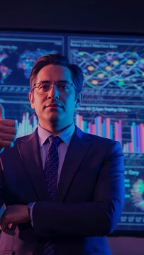 Vertical video: After update, executive uncrossing arms for thumbs-up approving on office screens