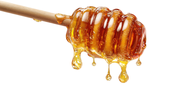 Golden honey dripping from a wooden dipper (1)