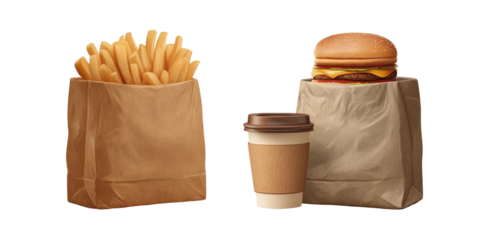 Fast food meal fries, burger, drink in paper bags
