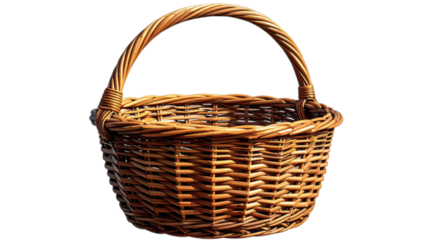 Woven wicker basket with curved handle, dark background
