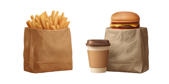 Fast food meal fries, burger, drink in paper bags