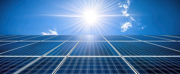 A bright sun shines over a solar panel array, showcasing renewable energy technology against a clear blue sky.