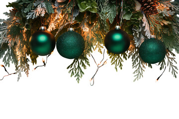 Lush Festive Holiday Garland with Emerald Green Ornaments and Warm String Lights Creating a Cozy and Elegant Ambiance.