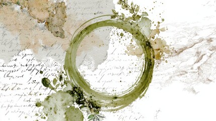 Textured background art featuring a green enso circle with watercolor splatters, vintage script handwriting, and earthy collage elements, forming a rustic and harmonious abstract design