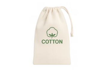 Organic cotton drawstring bag with green logo and text, representing sustainability and eco-friendly packaging on transparent background