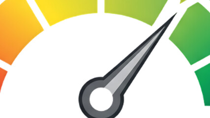 Colorful gauge indicating high performance and success, with needle pointing towards green.