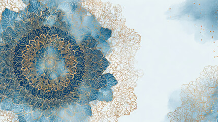 Intricate golden mandala floral pattern with evolving blue watercolor wash, creating an elegant abstract background design and ornate decorative texture