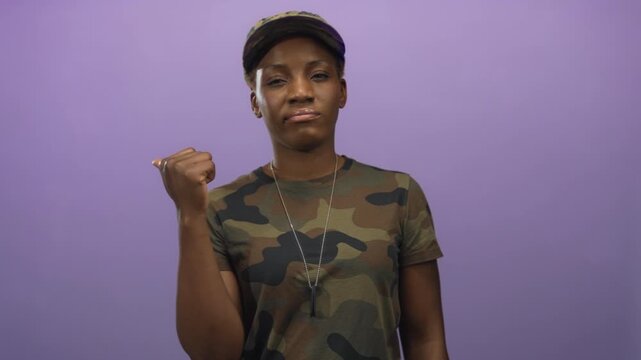 Woman in green camouflage uniform and cap shows metal dogtags and gives thumbs up in purple studio; pride duty.
