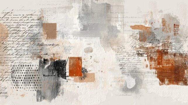 Abstract collage background presenting a textured blend of brushstrokes, handwritten script, grid patterns, and warm neutral colors for a creative wallpaper concept