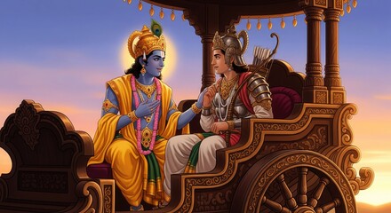 Lord Krishna and Arjuna on Chariot. Semi-Realistic Divine Digital Art.