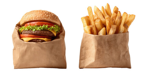A double cheeseburger and french fries in paper bags