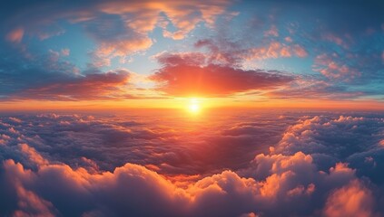 A breathtaking sunset above the clouds, showcasing vibrant colors merging in the sky as the sun dips below the horizon.
