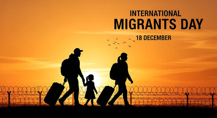 International Migrants Day Illustration with Silhouettes of Migrant Family Traveling at Sunset