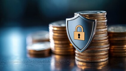 A shield with a padlock is positioned among stacks of coins, symbolizing financial security and protection against threats.