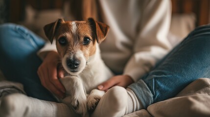 A young girl sits comfortably on her bed, holding her small Jack Russell terrier close while enjoying a quiet moment together. The girl&rsquo;s gentle touch and the dog's adorable face h