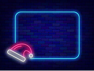 Merry Christmas neon advertising. Season greetings. Nightclub ad sale invitation. Empty white frame. Vector stock illustration