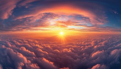 A breathtaking sunrise casts vibrant colors over a sea of clouds, creating a serene and majestic sky view.