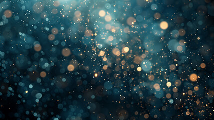 Abstract background featuring shimmering bokeh lights in various sizes, creating a dreamy atmosphere with a blend of blue and gold tones, ideal for festive or celebratory themes 