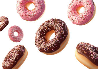 Delicious donuts with pink and chocolate frosting, sprinkled