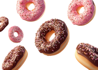 Delicious donuts with pink and chocolate frosting, sprinkled