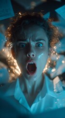 Facing the unthinkable: the end of a professional journey. Risk assessment. Office worker shocked by dismissal surrounded by vibrant office details. Investment strategy. Profit analytics.