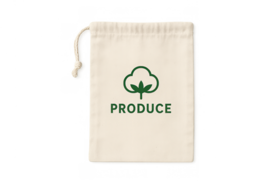 Beige cotton drawstring bag displaying a green cotton icon and produce text, promoting sustainable zero waste living