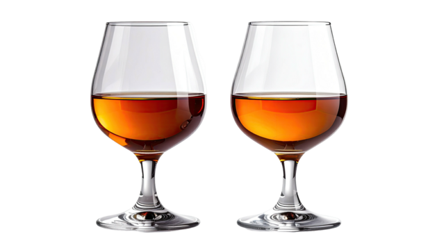 Two snifters, amber liquid filling half