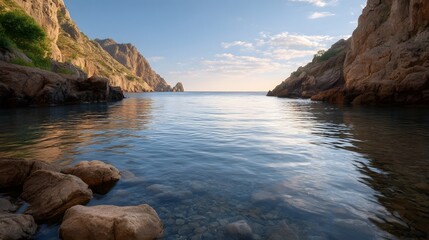 A tranquil sea inlet framed by rugged sunlit cliffs under a clear sky with calm blue waters reflecting the light
