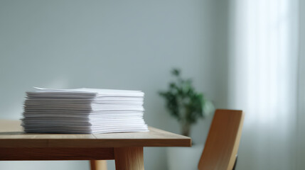 manager desk adorned with neatly organized documents featuring ar blurred white text bars in foreground