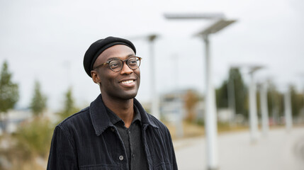 portrait of smiling person standing amidst innovative street lights powered by wind energy