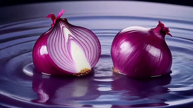 Cinematic slow-motion close-up showing red onions striking the surface of pure water, causing elegant splashes and circular ripples - Powered by Adobe