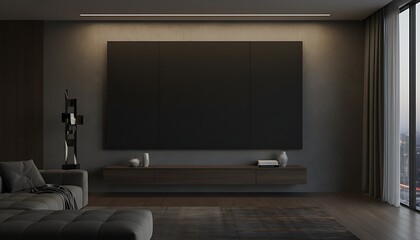 Modern living room with large television and minimalist design elements