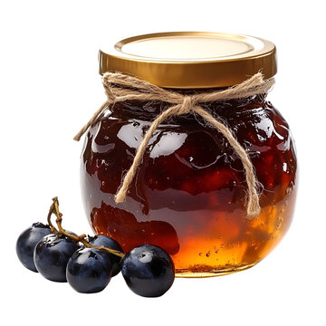 Dark jam in glass jar with berries on transparent background
