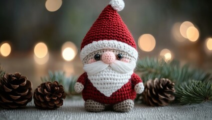 A handcrafted Santa figure adorned in red and white, surrounded by pinecones, creating a warm, festive atmosphere.