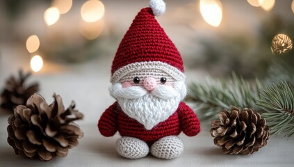 A cute, handcrafted Santa figure sits among pinecones and greenery, evoking a warm, festive atmosphere ideal for the holiday season.