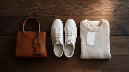 Top-Down Flat Lay of a New Fashion Haul on Hardwood Floor