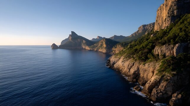 Rugged cliffs and a vast blue sea illuminated by warm morning sunlight revealing a serene and dramatic natural coastline