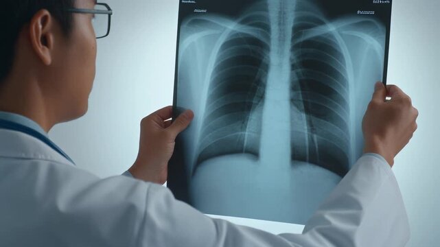 A medical doctor examines a patient's chest x-ray film against a white background.