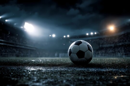 Soccer ball resting on the wet field during a night game at a stadium with bright lights shining above