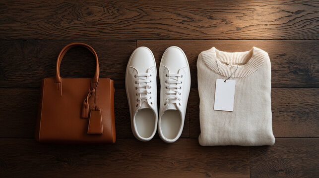 Top-Down Flat Lay of a New Fashion Haul on Hardwood Floor