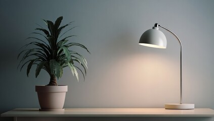 A stylish lamp illuminates a potted plant on a simple shelf against a softly colored wall, creating a cozy and modern atmosphere.