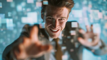 A businessman reaches forward, interacting with floating digital elements in a high-tech environment. The modern setting showcases the businessman engaged with advanced technology