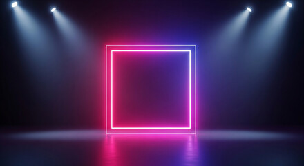Abstract dark background with glowing neon square frame, stage lighting and glossy floor reflection, perfect for Black Friday or cyber sale banner ... See More