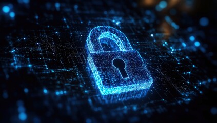 A glowing digital padlock symbolizes cybersecurity, surrounded by a network of data connections in a high-tech environment.