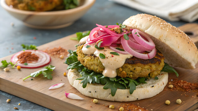 Delicious vegetarian burger with pickled onions and fresh greens on a bun - Powered by Adobe